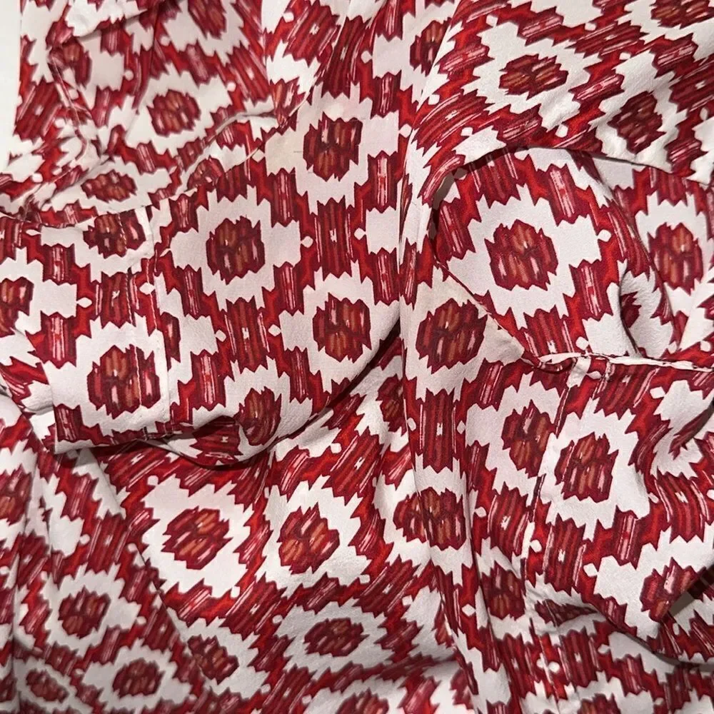 Tory Burch 10 Red White Pattern Cap Sleeve Neck Tie Silk Blouse